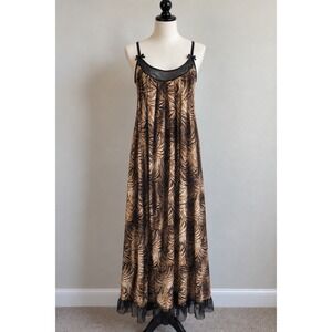 Studio Donatella Tiger Print Nightgown Mesh Trim Maxi Sleep Dress Brown Tan M
